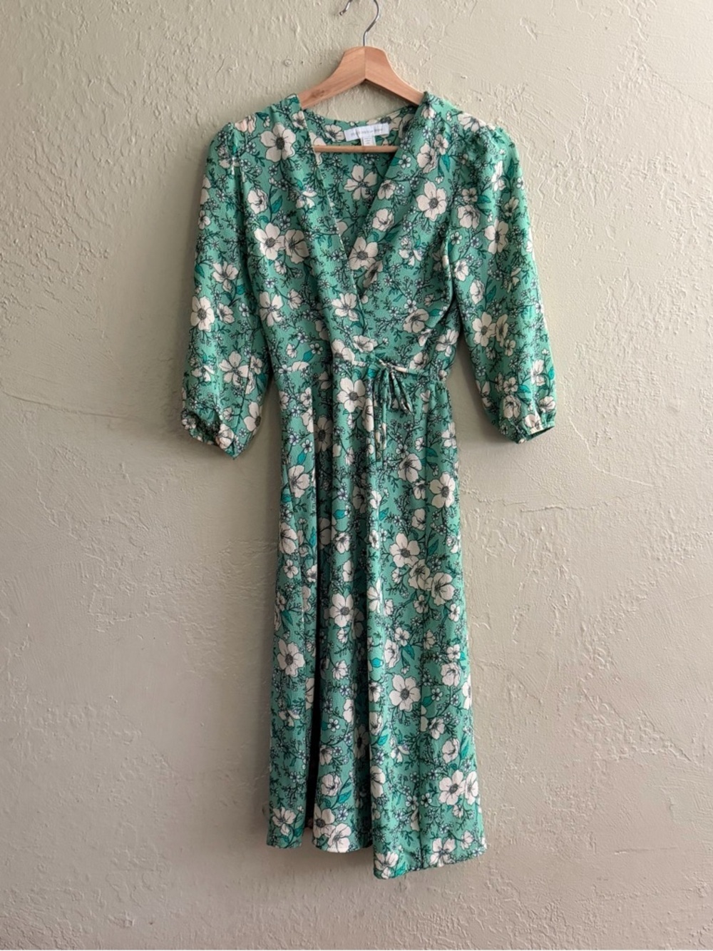 Floral Mint Green Wrap Midi Dress with Tie Waist